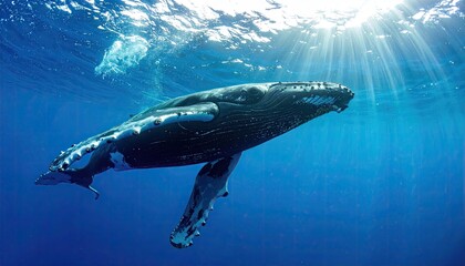 Fototapeta premium Majestic Humpback Whale Swimming Under Sunlit Ocean Surface Rays of Light Dappling Deep Blue Water