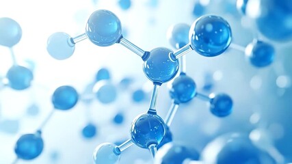 Detailed view of interconnected blue glass-like spheres forming a scientific molecular structure on a bright background - Powered by Adobe