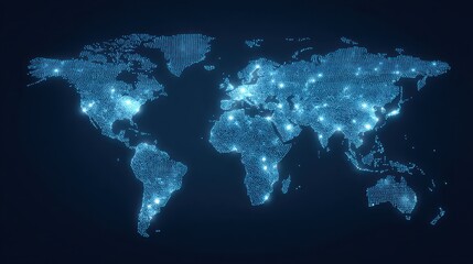 Digital World Map with Glowing Network Connections and Dots Representing Global Connectivity and Technology Integration in a Dark Background