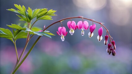 Delicate pink bleeding hearts bloom on a curved stem in soft light
