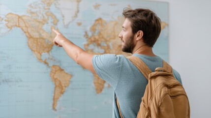 Young man with backpack pointing at world map, planning travel adventure or exploring geography while smiling in indoor setting with bright background
