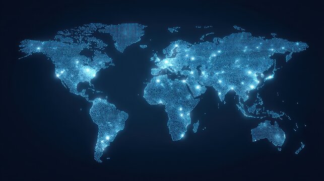 Digital World Map with Glowing Network Connections and Dots Representing Global Connectivity and Technology Integration in a Dark Background - Powered by Adobe