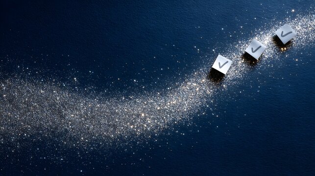 Elegant tick marks sparkle against a dark blue backdrop, ideal for checklists, task management, or success visuals in presentations and marketing materials