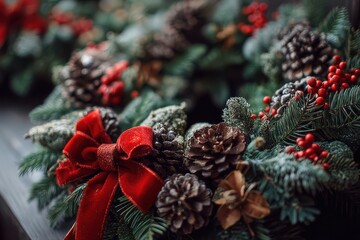 A close-up view of a Christmas wreath made of pine branches, red berries, and pine cones, creating a festive and decorative display.