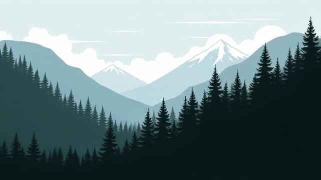 Forested mountain range in shades of blue