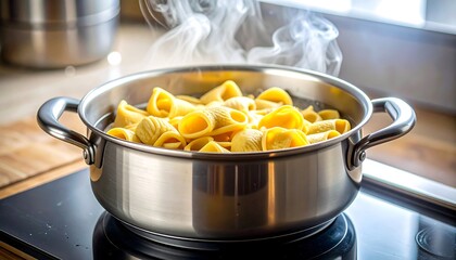 A stainless steel pot cooking shell pasta with steam rising from it