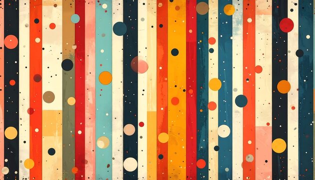 Abstract vertical stripes with colorful circles, and small scattered dots