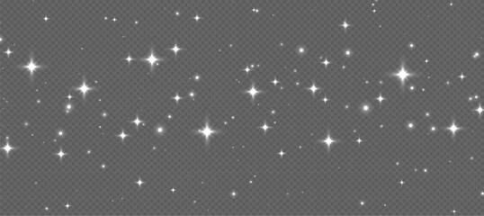 White sparkling stars, shiny particles light effect, transparent flying stardust texture, abstract twinkle Christmas decoration. Vector illustration.