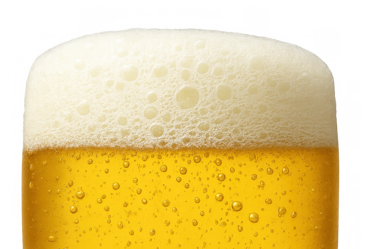 Close-up of golden lager beer frothing with bubbles and white foam head, celebrating refreshment and drink