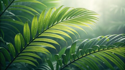 Lush green palm fronds bathed in soft sunlight