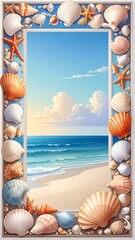Beach scene framed by seashells and starfish, with a beautiful sky