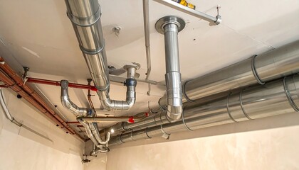Ceiling view, network of metallic pipes and conduits, industrial setting