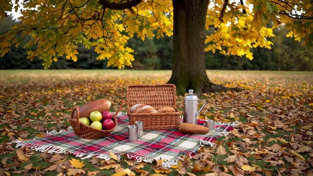 Autumn picnic under vibrant tree with basket and blanket on leafcovered ground