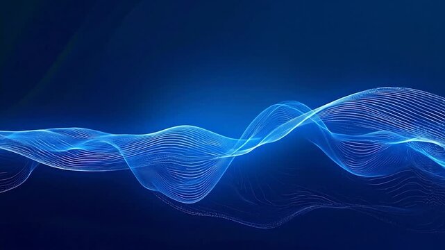 Abstract blue digital waves with glowing lines and particles on a dark background, representing data flow or energy - Powered by Adobe