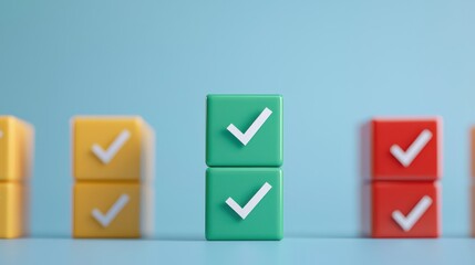 Colorful blocks with checkmarks symbolize success and achievement, arranged in a visually appealing layout against a blue background.