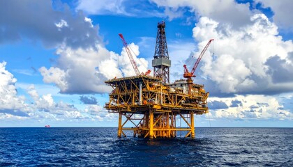 An offshore oil drilling platform and rig in the winter sea, with a crane on the deck, represents the complex industrial transportation and energy business
