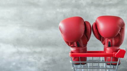 Red boxing gloves placed in a shopping cart against a minimalist background, symbolizing sports and retail.