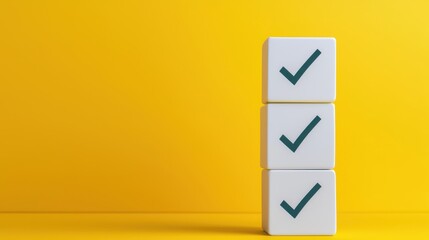 Three stacked blocks with checkmarks stand against a bright yellow background, symbolizing completion and success.