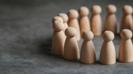 A circle of wooden figurines symbolizes unity and collaboration, set against a textured gray background.