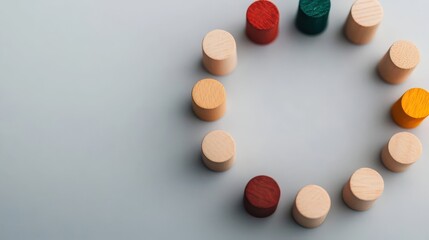 A circular arrangement of colorful wooden cylinders on a smooth surface, creating a visually appealing and minimalist design.