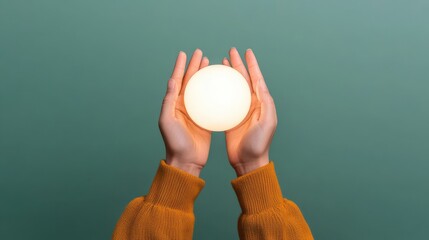 A person holds a glowing orb between their hands, set against a muted green background, conveying a sense of warmth and illumination.