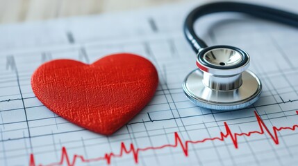 A red heart symbol and a stethoscope on an ECG printout, representing health, wellness, and medical care.