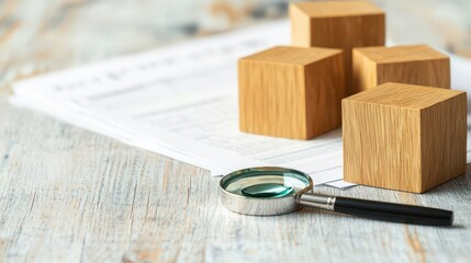 A magnifying glass and pen rest beside wooden blocks and documents on a textured surface, suggesting analysis or organization.