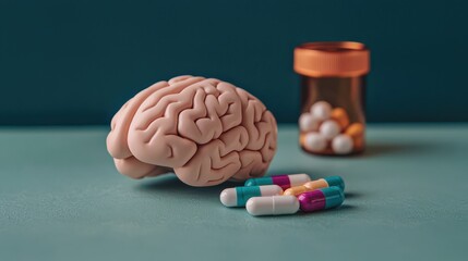 A realistic brain model next to capsules and a pill bottle, symbolizing mental health and medication.