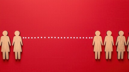 A creative arrangement of wooden figures on a red background, symbolizing connection and separation among groups of people.