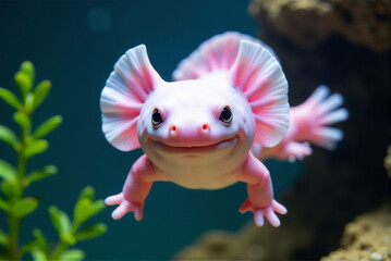 Pink Axolotl in Clear Aquarium Water