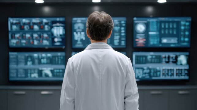 Scientist in Laboratory Observing Data on Multiple Digital Screens in a Modern High-Tech Environment with Complex Graphs and Metrics - Powered by Adobe