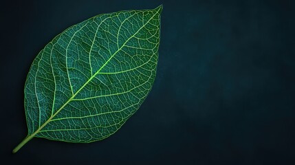 A close-up of a detailed leaf showcasing its intricate veins against a dark background, highlighting natural beauty and texture.