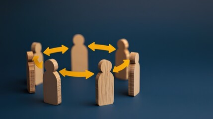 A group of wooden figures arranged in a circle, with arrows indicating interaction, symbolizing teamwork and collaboration.