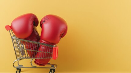 A shopping cart holds red boxing gloves against a vibrant yellow background, symbolizing sports and consumerism in a playful context.