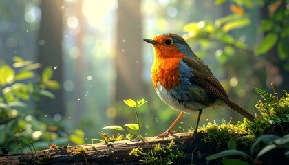 Colorful bird perched on a mossy log in sun-dappled forest