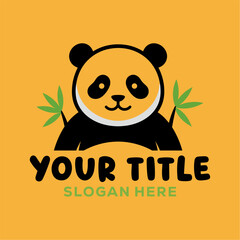 Cute logo panda mascot with bamboo shoots