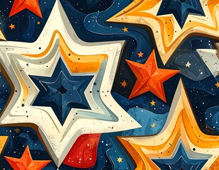 Stylized, colorful star pattern over a dark, textured cosmic background