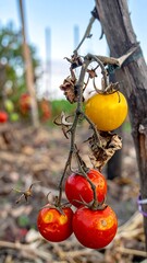 Close-up of fresh, vibrant tomatoes growing on the vine