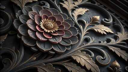 Intricate dark floral metalwork with golden accents