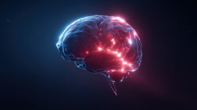 Glowing human brain with neural network connections on a dark background