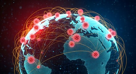 Global pandemic concept showing coronavirus spreading across the world with network connections.