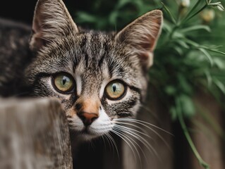 Curious Tabby Cat with Green Eyes and Whiskers: Captivating Feline Portrait Outdoors on Wooden Fence in Natural Light - Nature Photography of an Adorable Pet and Domestic Animal