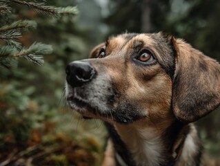 Adorable Beagle Dog Looking Up in Forest - Nature Lover's Dream in Woods with Expressions and Wet Nose in Outdoor Exploration