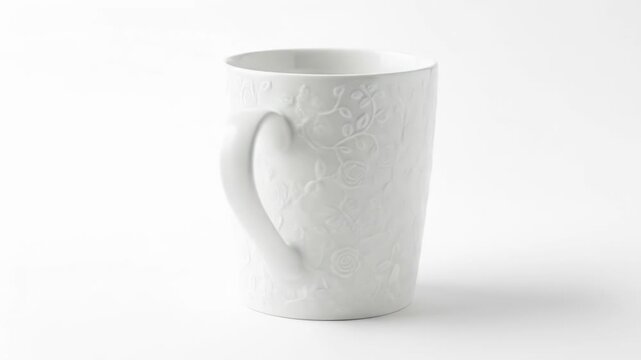 White ceramic mug with raised floral pattern on a white background