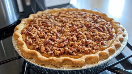 Delicious pecan pie baking on kitchen stove capturing the golden brown crust and nutty topping - Powered by Adobe