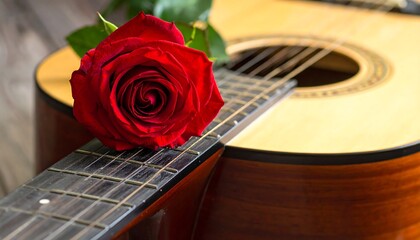 Close-up Red rose resting on acoustic guitar's fretboard