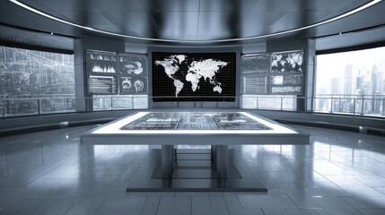 Futuristic Control Center with Advanced Technology Visualizations and Global Maps on Screens in a Modern Office Environment