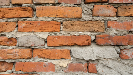 Obraz premium Close-up of an old, weathered red brick wall with uneven, rough mortar. Ideal for backgrounds, textures, and architectural themes