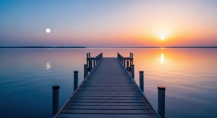 Obraz premium 2 suns in the sky - A serene wooden dock extends into a calm lake at sunset, with a vibrant sky painted in hues of orange and purple, and a full moon rising beside the sun