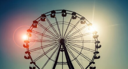 2 suns in the sky - A silhouette of a Ferris wheel against a vibrant sunset, with glowing sun rays illuminating the structure, creating a beautiful contrast in the sky